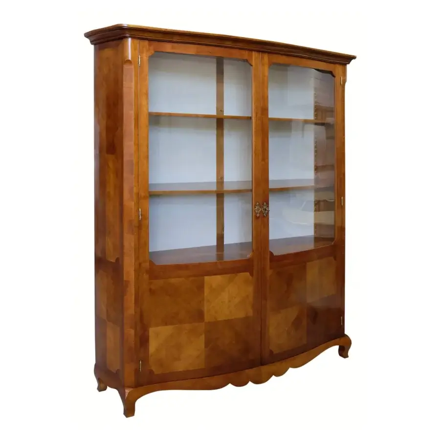 Exclusive Faber Mobili Correggio showcase with walnut and cherry wood construction in a satin finish and antiqued brass accents