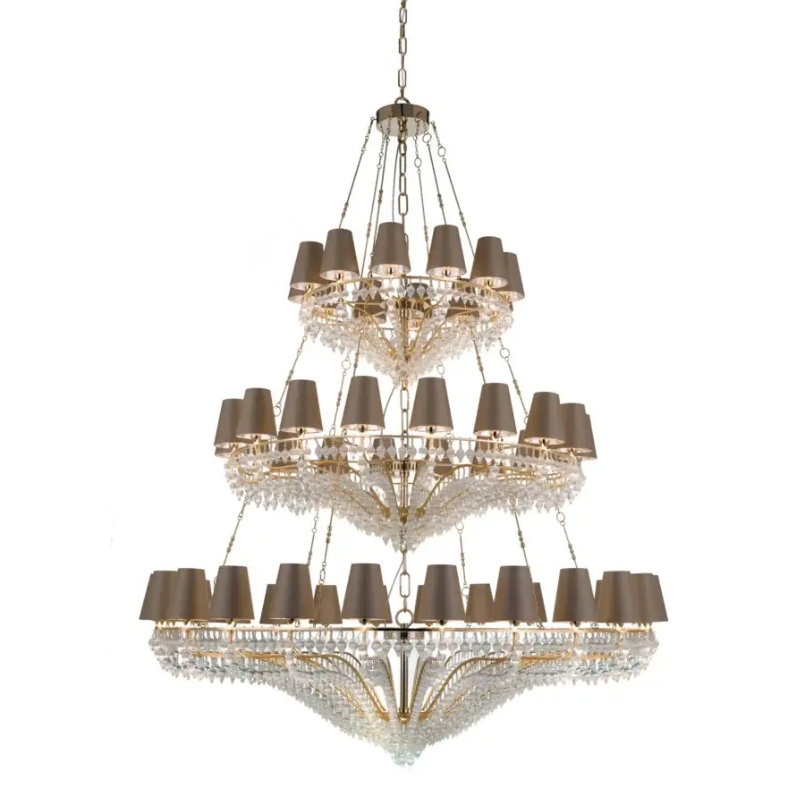 Lavish Patrizia Garganti Ophelia XL chandelier crafted in gold-toned metal with clear crystal prisms and muted brown shades
