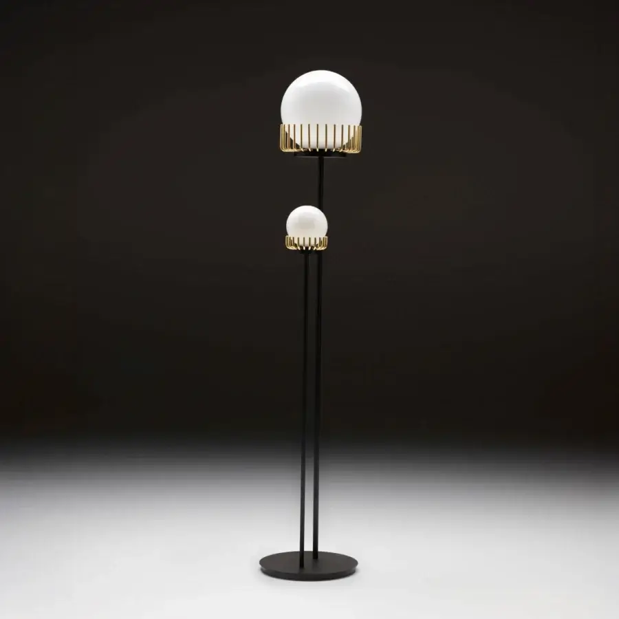 Elegant Black Tie Lucy floor lamp with luminous spheres and golden textured bands in matte black metal with opaque white opal glass