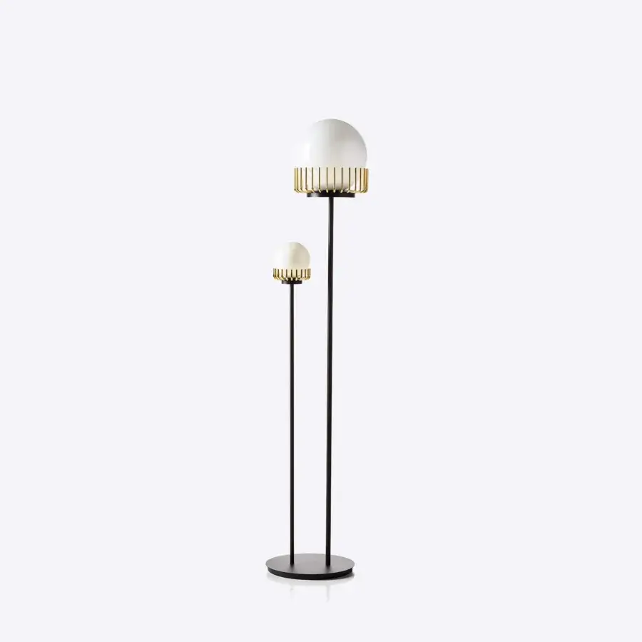 Captivating Black Tie Lucy floor lamp with luminous spheres crafted in matte black metal and opaque white shades with gold accents