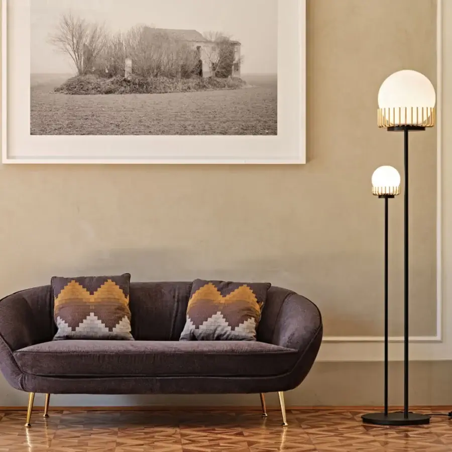 Distinguished Black Tie Lucy floor lamp with luminous spheres crafted in matte black metal and opal glass