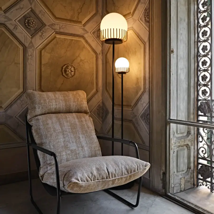 Superior Black Tie Lucy floor lamp with balanced silhouette and refined opal glass diffusers in a matte black finish