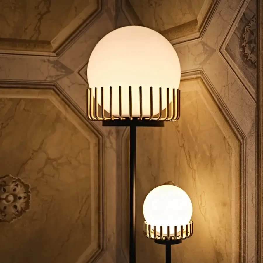 Elegant Black Tie Lucy floor lamp with floating spherical shades crafted in dark-toned metal and opal glass