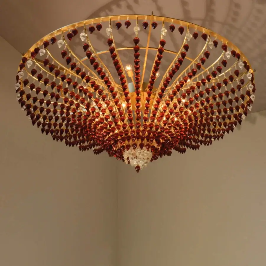 Distinguished Patrizia Garganti Ophelia ceiling lamp with reddish-brown and clear crystal pendants crafted in polished brass