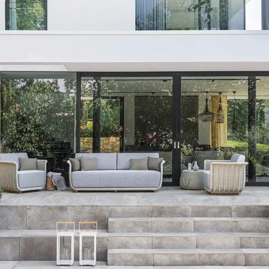 Exceptional Atmosphera Bellagio sofa crafted with light gray-blue acrylic yarn in an open-weave and rectangular form