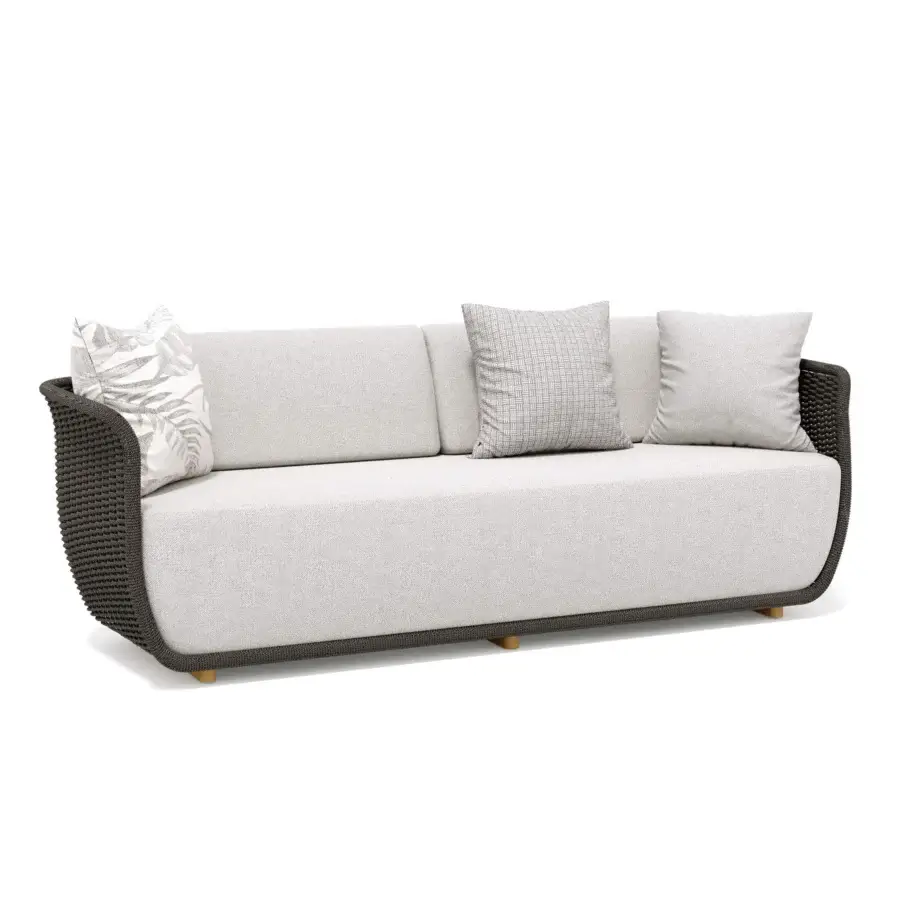 Distinguished Atmosphera Bellagio sofa crafted in light gray with an open-weave design and subtly patterned cushions using melange-colored acrylic yarn