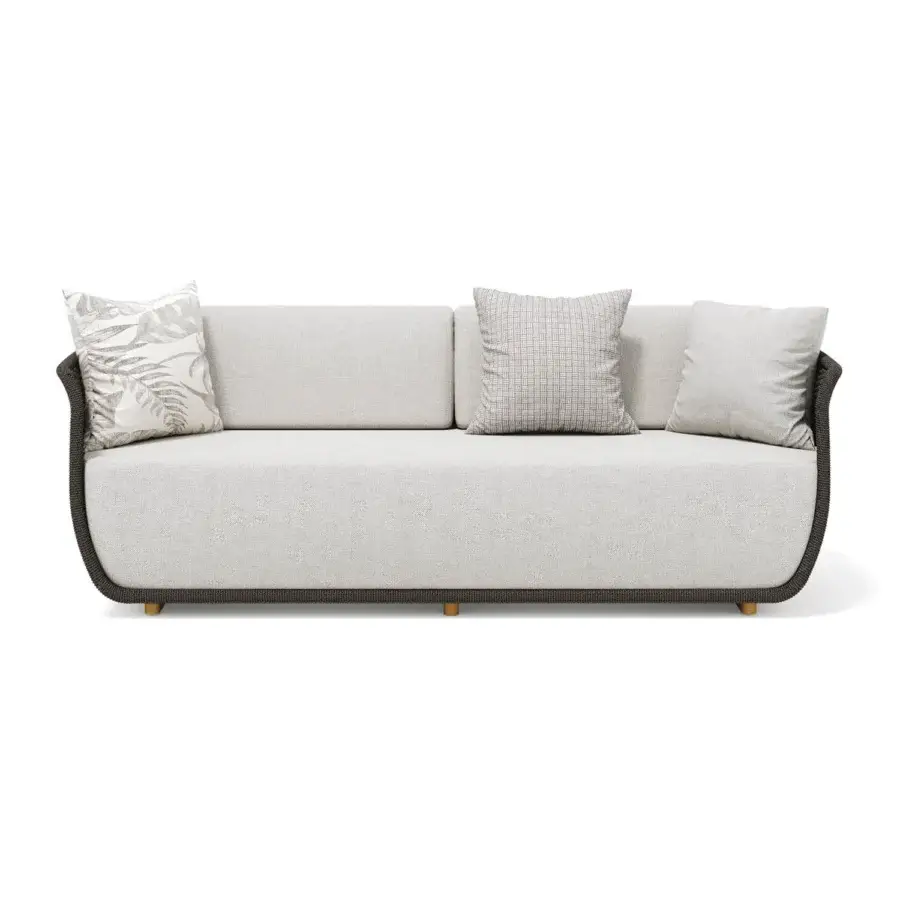 Exceptional Atmosphera Bellagio sofa woven with melange-colored acrylic yarn and light gray upholstered cushions with botanical accents