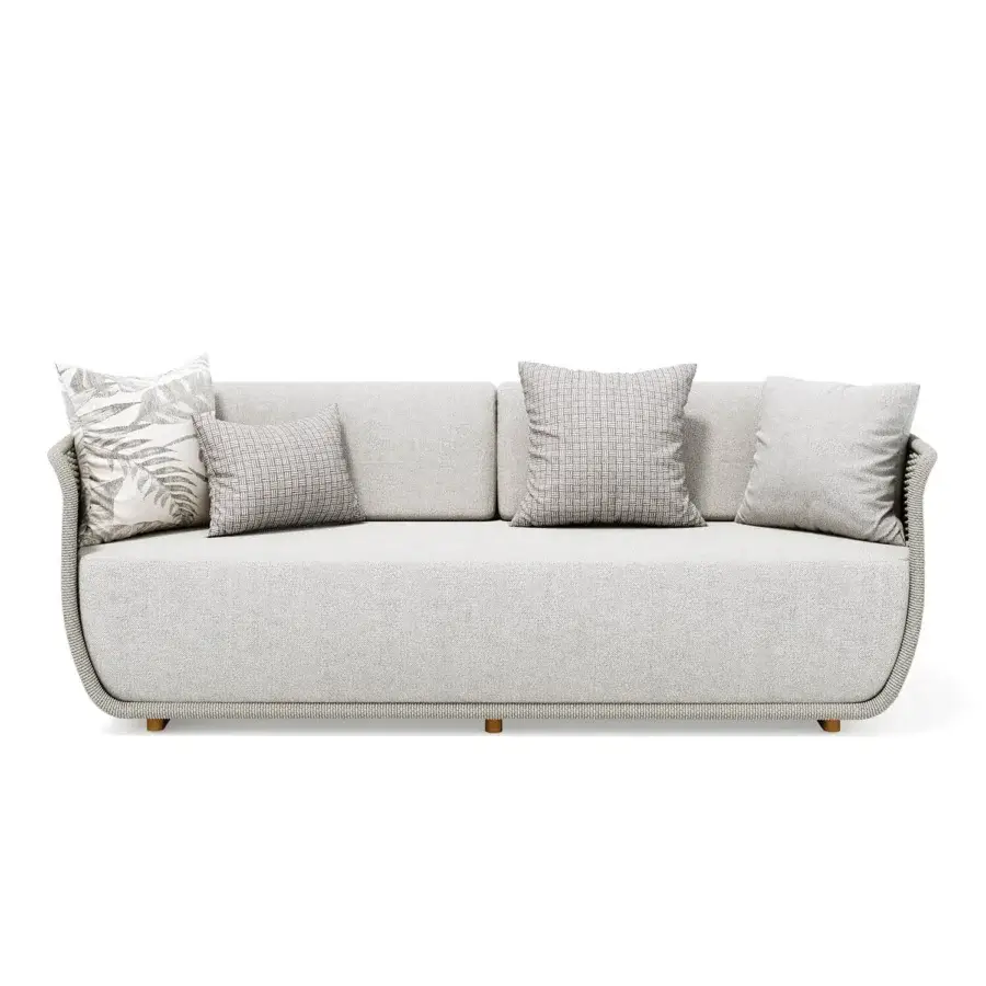 Distinguished Atmosphera Bellagio sofa crafted with light gray hand-woven acrylic rope and subtly textured fabric, exhibiting a matte finish