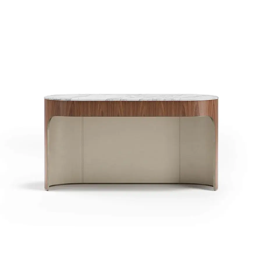 Distinguished Capital Clori console crafted with wood veneer and white marble, featuring a satin finish with beige leather lining