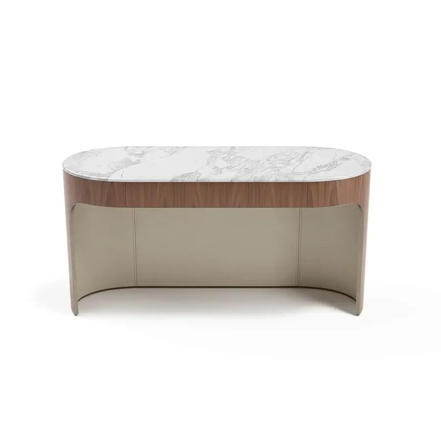 Exclusive Capital Clori console crafted with white marble and medium-brown wood veneer, showcasing a light beige leather-lined interior