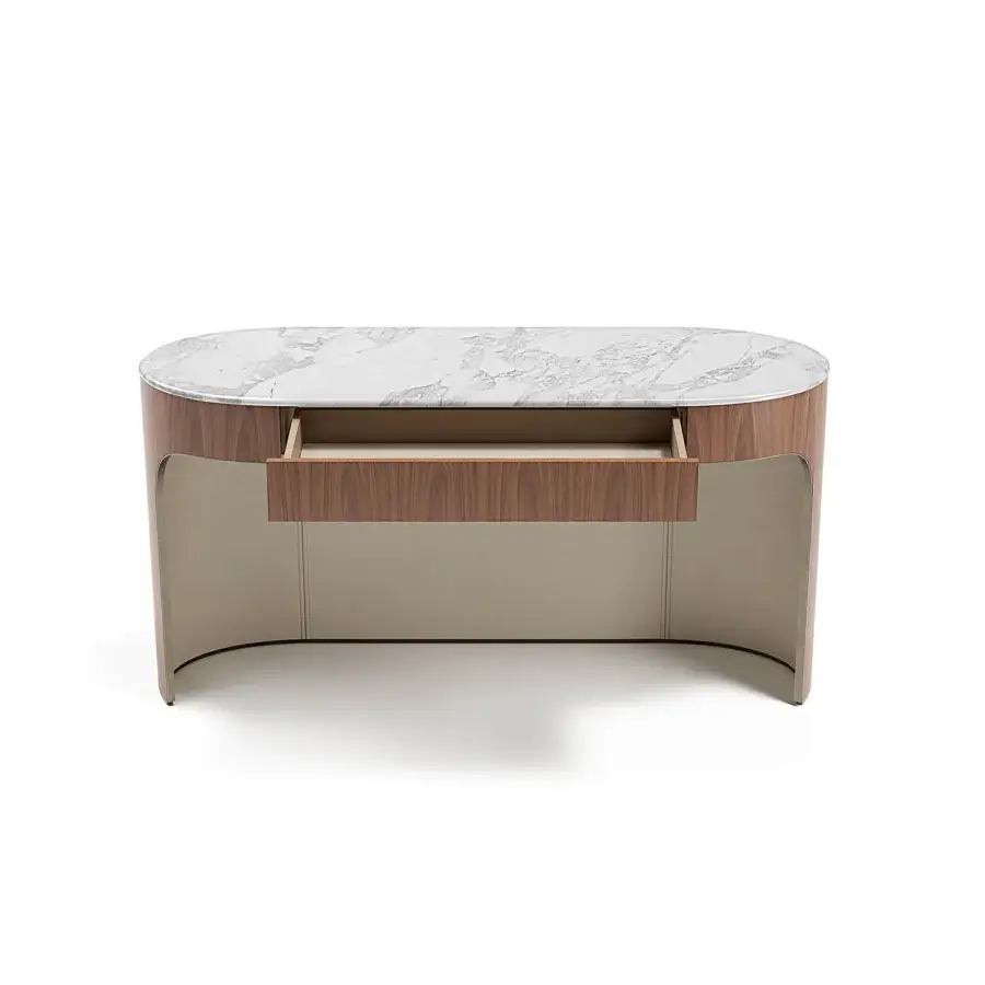 Superior Capital Clori console crafted with warm brown wood veneer and polished white marble, exhibiting a balanced form with neutral beige sides