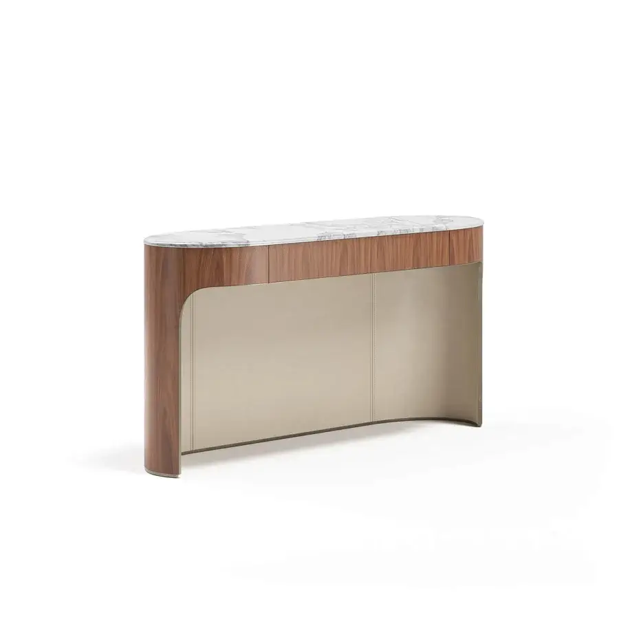 Captivating Capital Clori console crafted with light beige paneling, warm brown wood veneer and marble with grey veining