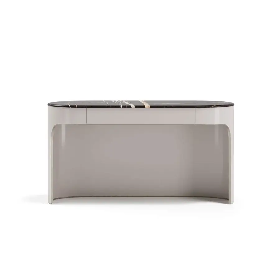 Distinguished Capital Clori console with dark marble and golden veining atop a matte gray wood veneer body and subtle drawer