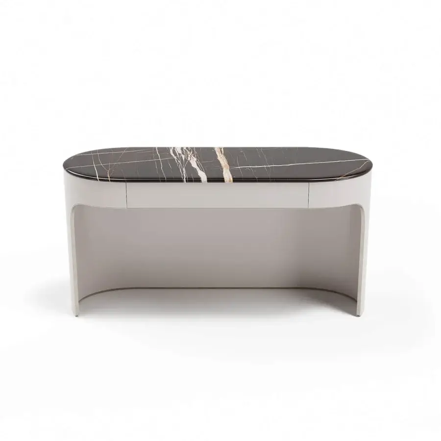 Exclusive Capital Clori console with black marble and gold veining, crafted with a lacquered gently curved base and integrated drawer