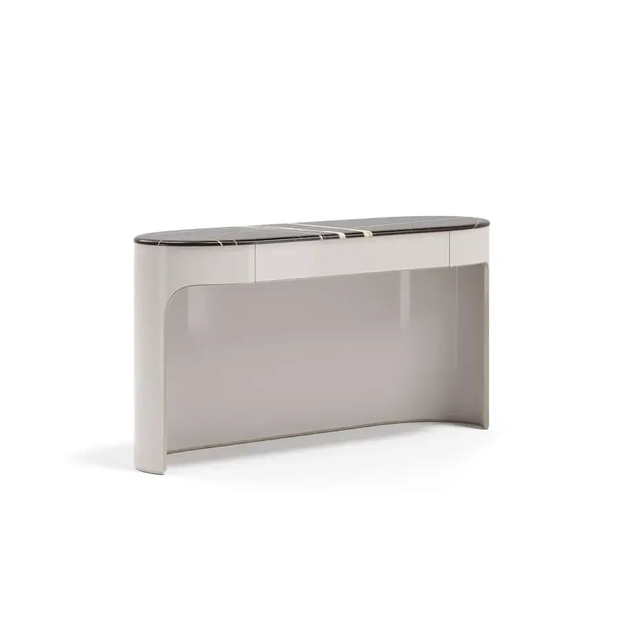 Elegant Capital Clori console in matte grey with polished marble displaying dark grey and white veining crafted with a lacquered finish