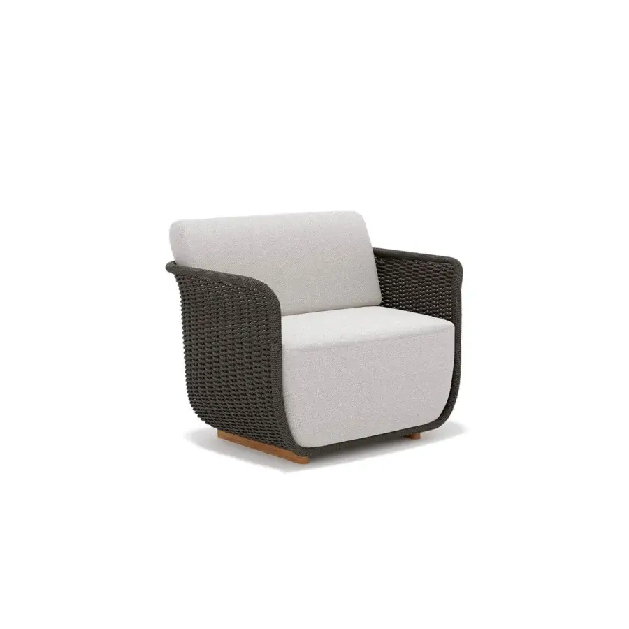 Distinguished Atmosphera Bellagio lounge chair crafted in melange-colored acrylic yarn with plush light gray cushions and a warm wood base