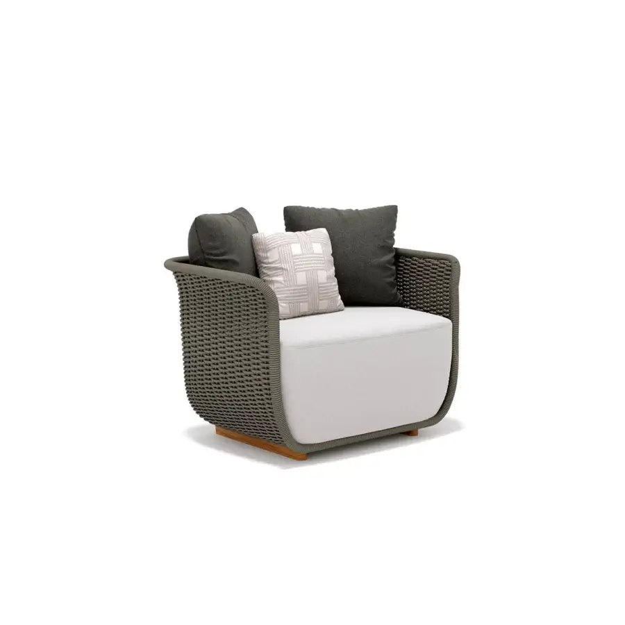 Exceptional Atmosphera Bellagio lounge chair built in muted gray hand-woven acrylic yarn with open-weave density