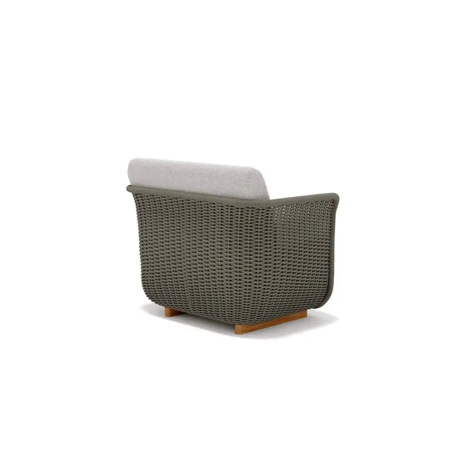 Superior Atmosphera Bellagio lounge chair crafted in melange-colored acrylic yarn with a warm wood base and light gray cushion