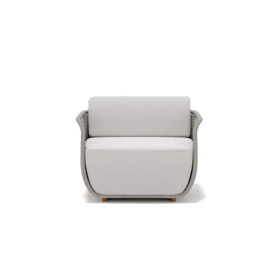 Elegant Atmosphera Bellagio lounge chair with hand-woven neutral gray acrylic yarn and curved organic silhouette