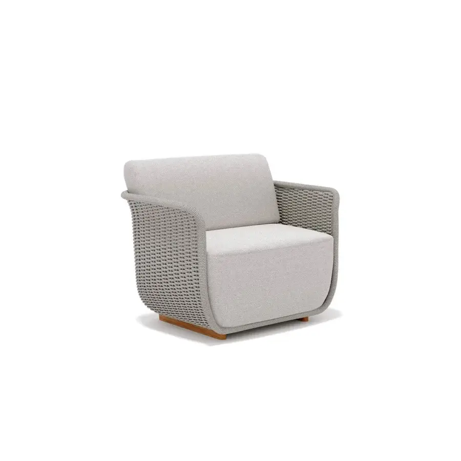 Distinguished Atmosphera Bellagio lounge chair with hand-woven light gray acrylic rope and satin-finished wood base