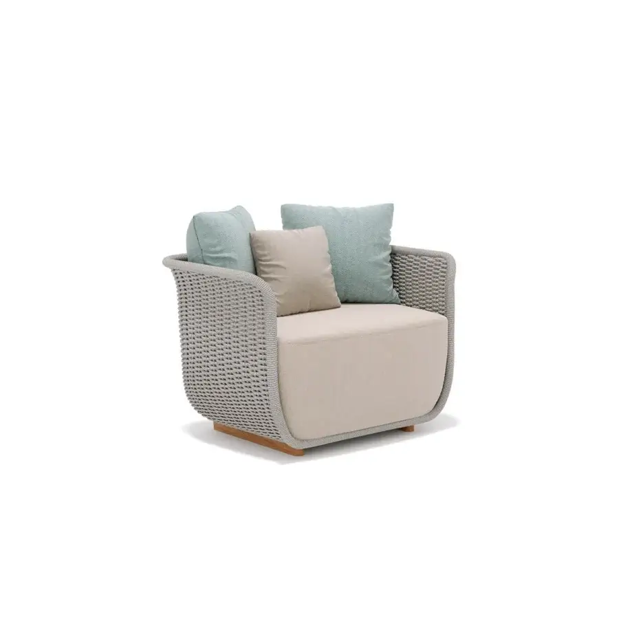 Superior Atmosphera Bellagio lounge chair crafted with hand-woven melange-colored acrylic yarn and a satin sheen wooden base