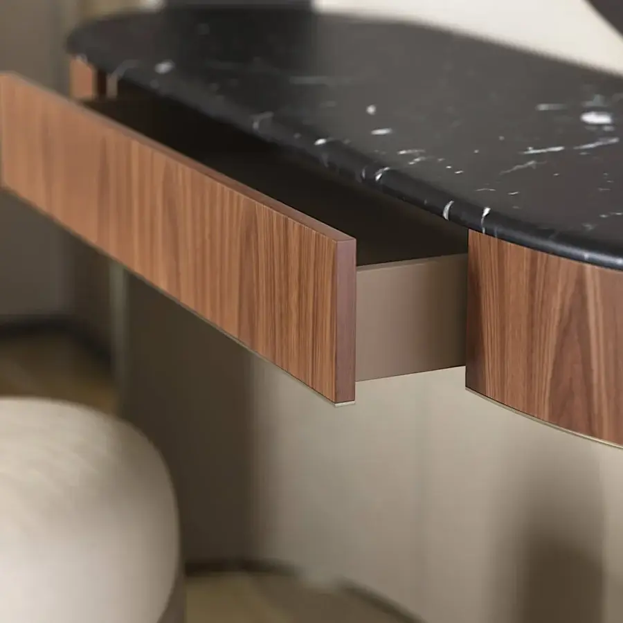 Captivating Capital Clori vanity with warm brown wood veneer, dark marble countertop and fluid sinuous lines