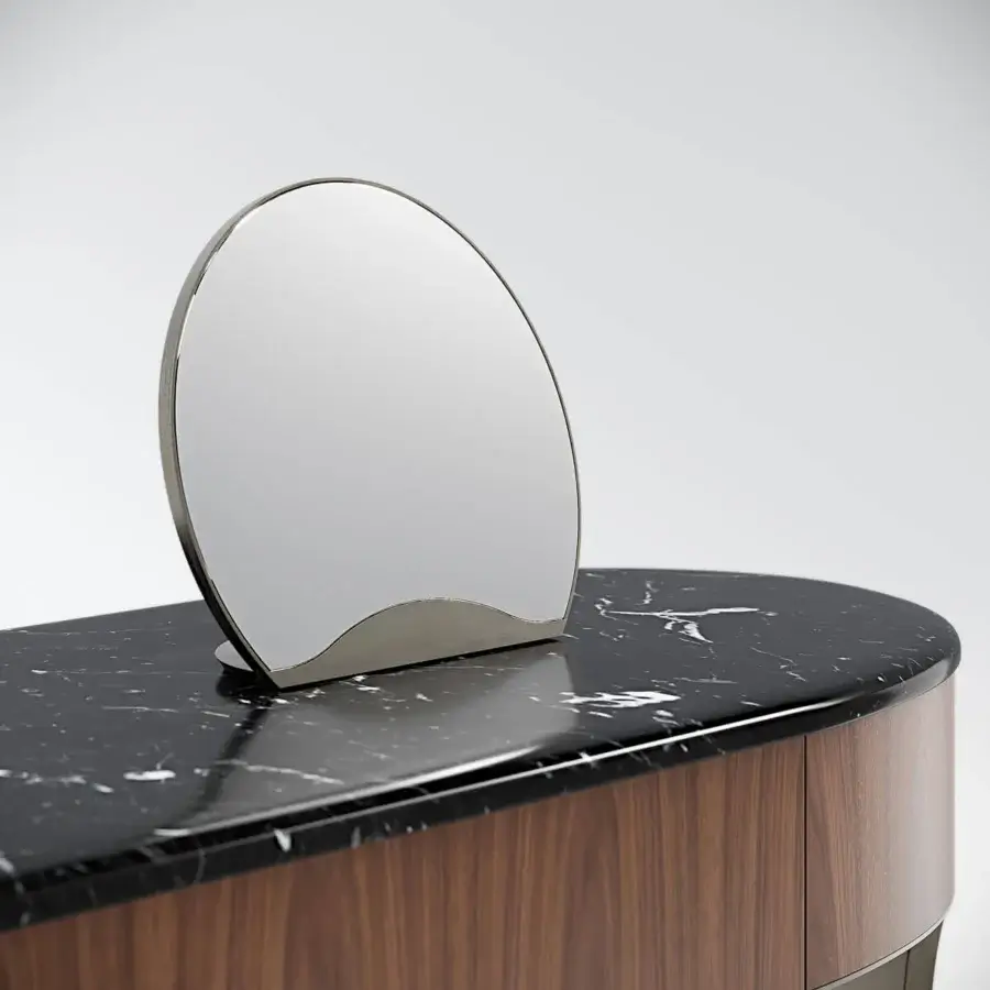 Superior Capital Clori vanity with warm brown wood veneer, black marble countertop and sleek metal framed mirror