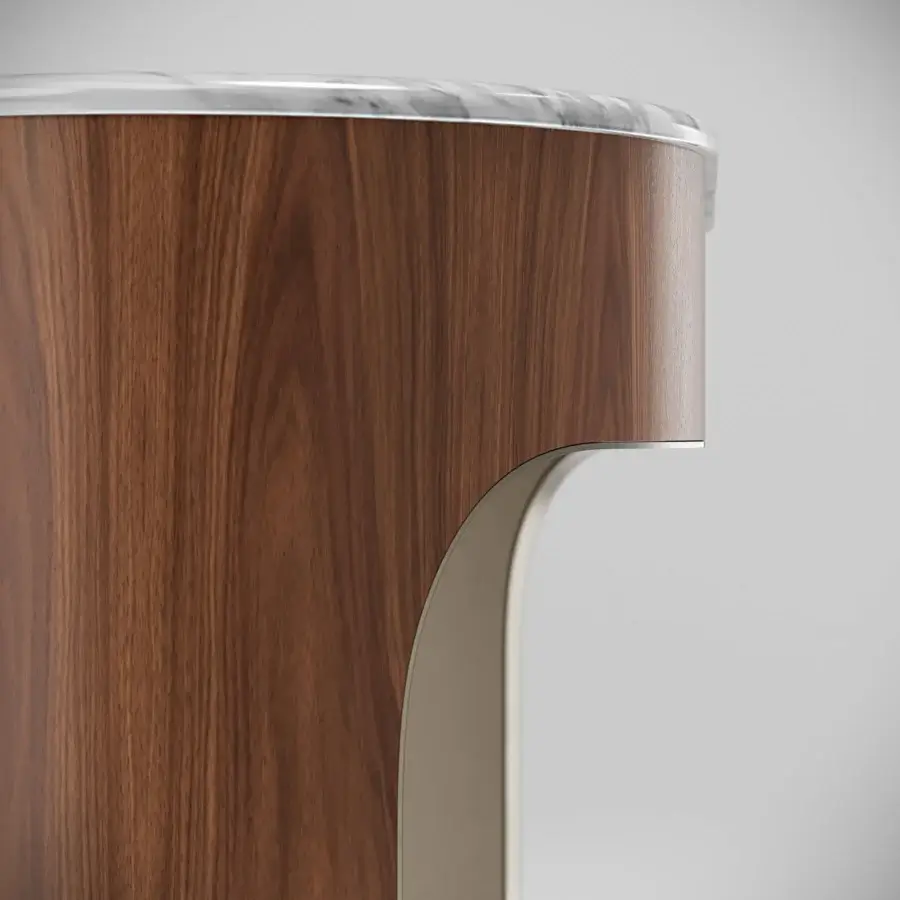 Exclusive Capital Clori console crafted with wood veneer and marble, exhibiting a satin finish and sinuous cylindrical form