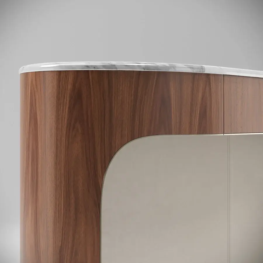 Distinguished Capital Clori console crafted with medium-toned wood veneer and white marble, showcasing a satin finish and curved form