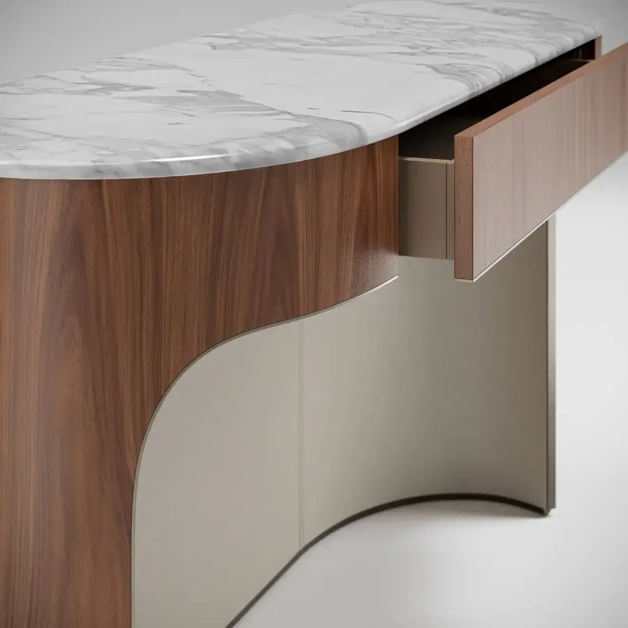 Exceptional Capital Clori console crafted with warm wood veneer and grey-veined marble, exhibiting a satin finish