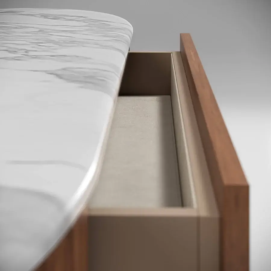 Captivating Capital Clori console built with warm wood veneer and bright white marble exhibiting a recessed beige drawer