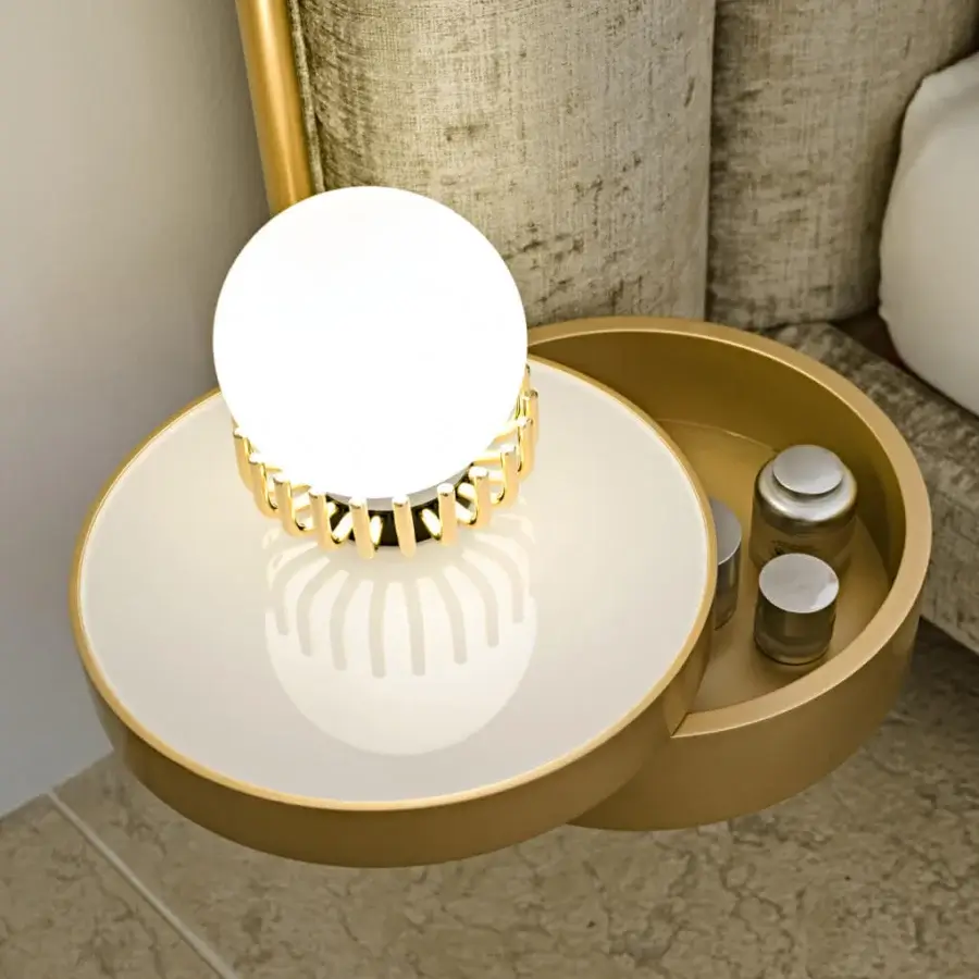 Elegant Black Tie Lucy table lamp with glossy opal glass and gold-toned metal crafted in a satin finish