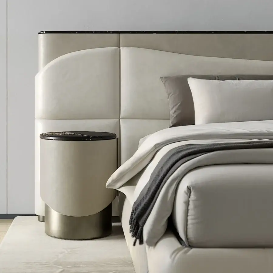 Superior Capital Clori nightstand with lavish leather finish, metallic base and bronze glass shelf in neutral beige tones