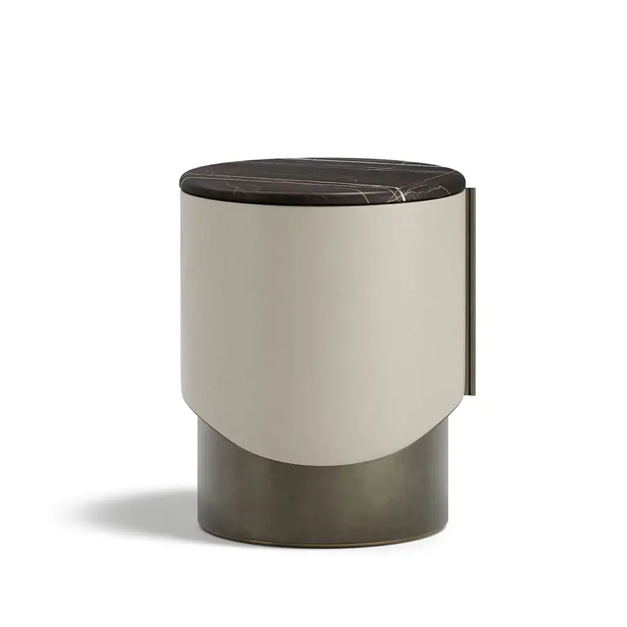 Elegant Capital Clori nightstand built in lacquered finish with a dark marble tabletop and luxurious leather bottom shelf with muted bronze metal base