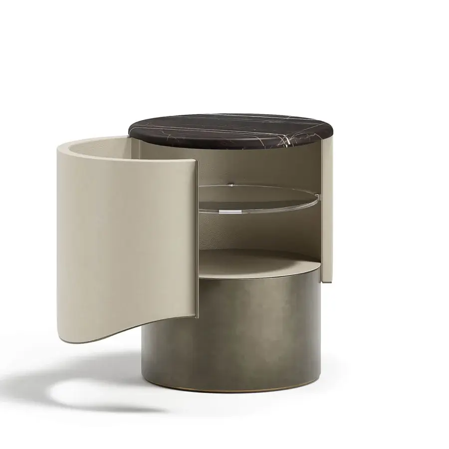 Superior Capital Clori nightstand crafted in lacquered finish with a dark marble tabletop and muted metallic gray base