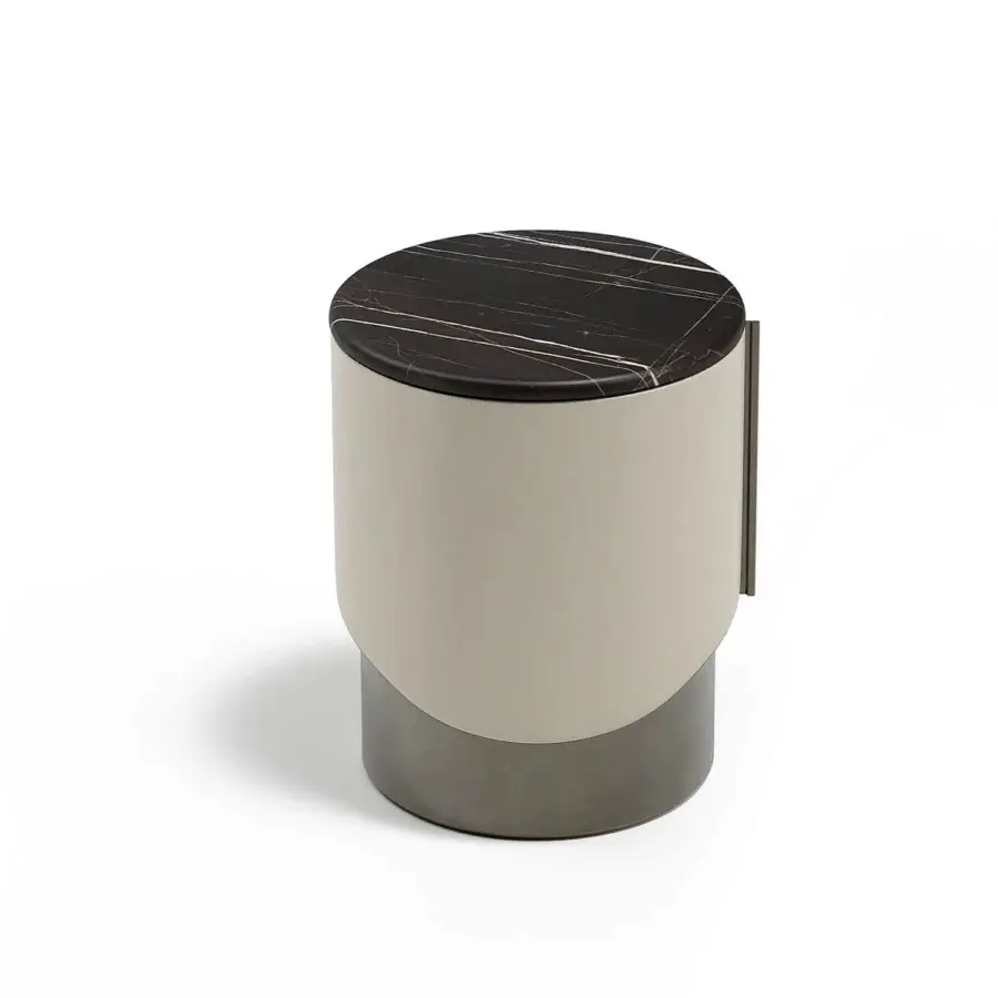 Distinguished Capital Clori nightstand built in light beige leather with a polished dark marble top and metallic finish base