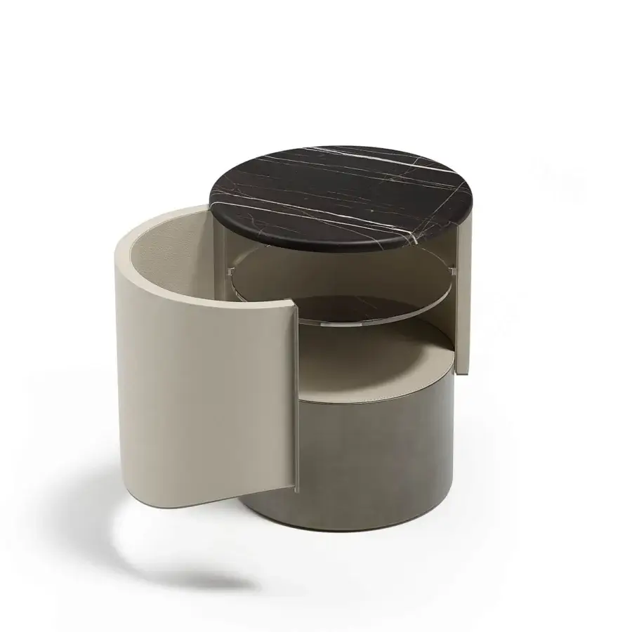 Elegant Capital Clori nightstand built in beige leather with a dark gray-black marble tabletop and bronze glass shelf