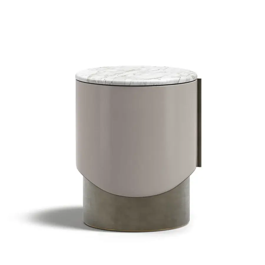 Distinguished Capital Clori nightstand with lacquered taupe structure, white marble top and muted grey-green base, accented with metallic detail