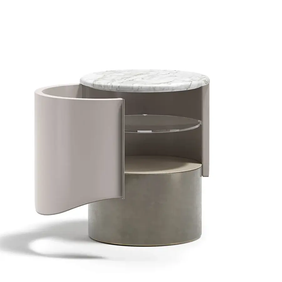 Superior Capital Clori nightstand built in neutral gray leather with light marble top and lacquered base, including bronze glass shelf