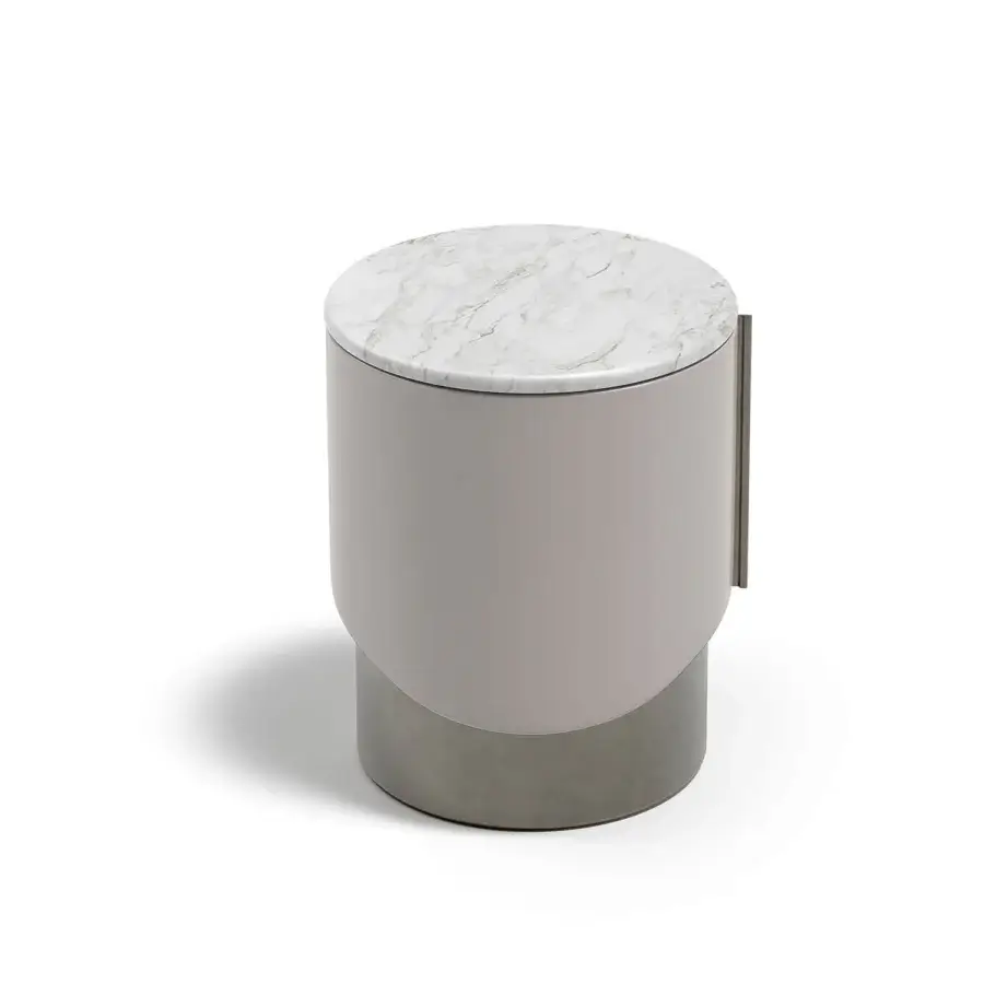 Distinguished Capital Clori nightstand with cylindrical body in muted grey-beige lacquer, polished white marble top and bronze glass shelf crafted in Italy