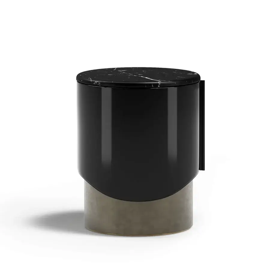 Distinguished Capital Clori nightstand built with lacquered structure, leather clad shelf and dark toned marble tabletop with brass-like base