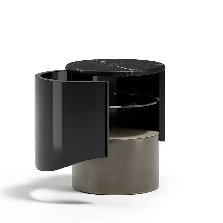 Superior Capital Clori nightstand crafted with lacquered body, leather shelf, marbled tabletop and matte gray base