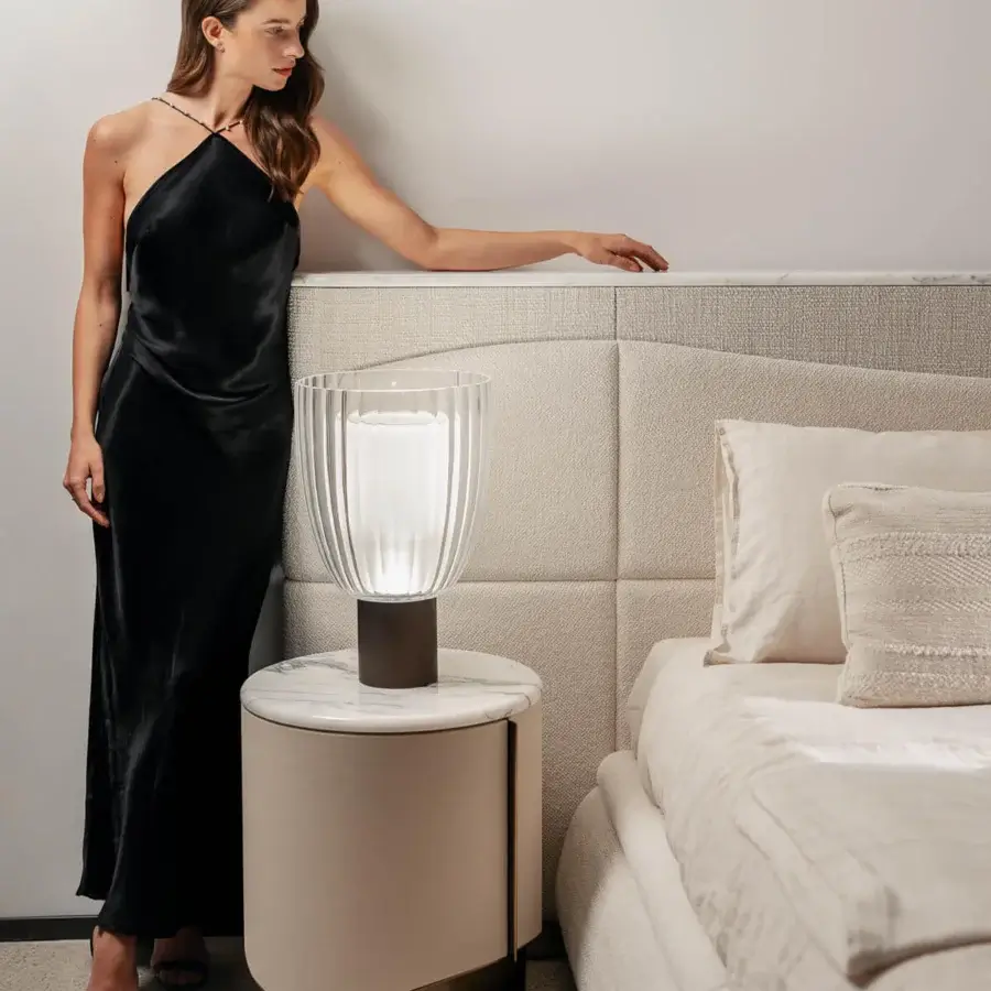 Distinguished Capital Clori nightstand with leather clad structure, round marble tabletop and metallic bronze finish base