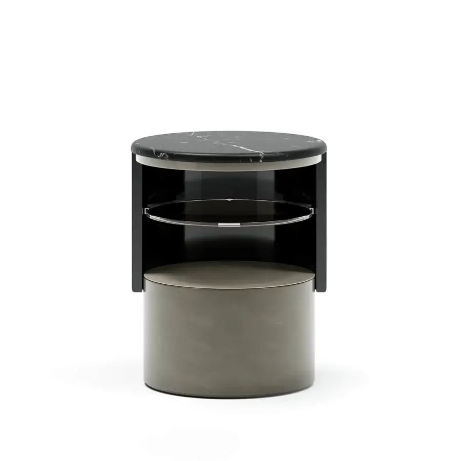 Distinguished Capital Clori nightstand with dark lacquered wood, polished gray-veined marble and bronze glass shelf