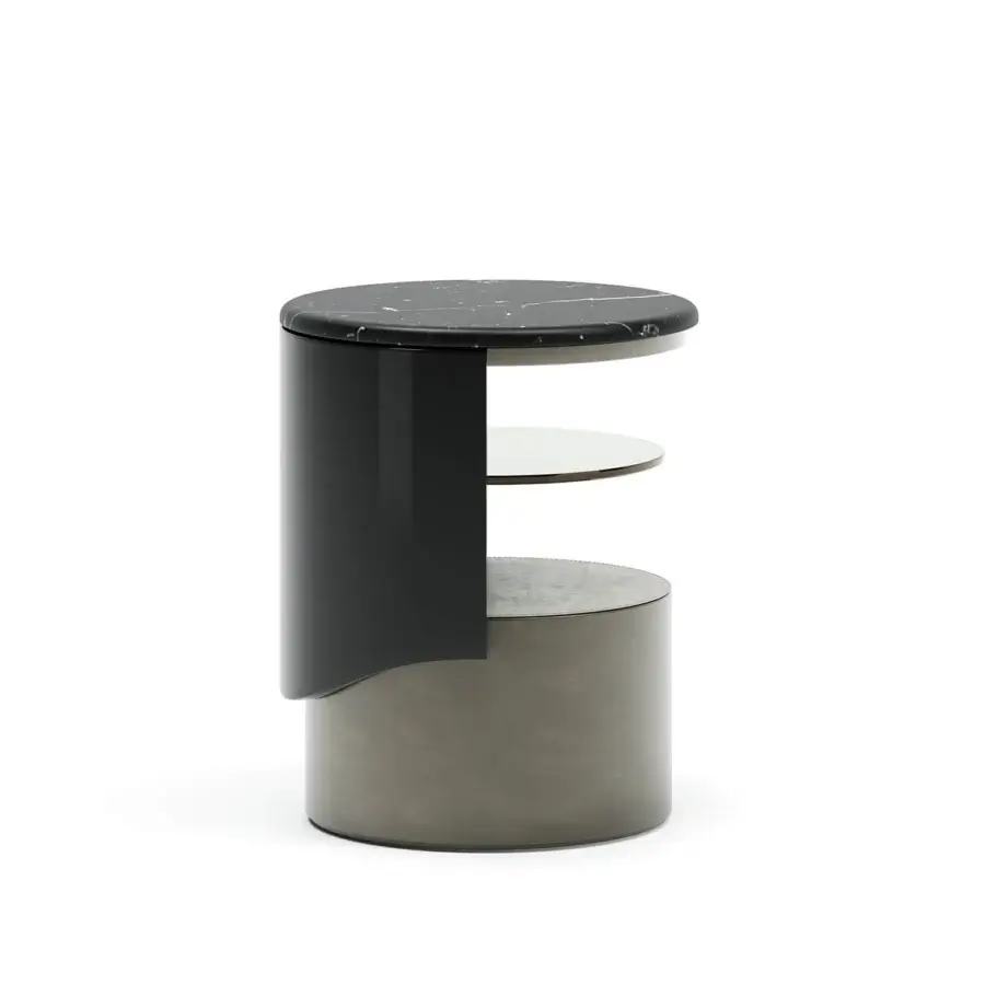 Elegant Capital Clori nightstand with lacquered wood, marble tabletop displaying veining and leather clad bottom shelf