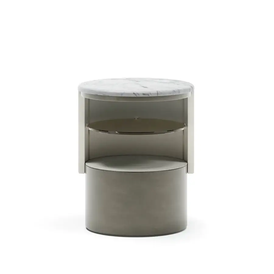 Superior Capital Clori nightstand with muted grey-green leather, marble top and bronze glass shelf within a lacquered finish