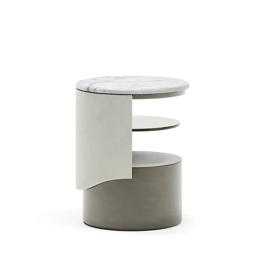Distinguished Capital Clori nightstand with lacquered structure, marble tabletop and muted gray-green metallic base crafted in Italy