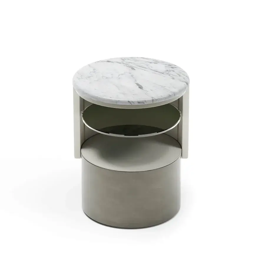Elegant Capital Clori nightstand in olive green lacquered wood with white marble top and bronze glass shelf