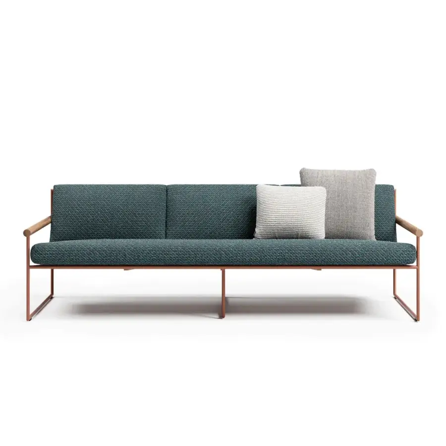Exceptional Atmosphera Pipe sofa with warm terracotta epoxy-coated steel, textured teal textile and hand-woven acrylic cord detailing