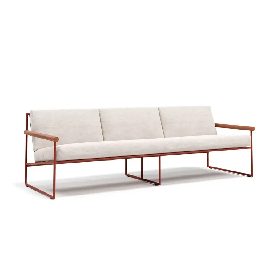 Superior Atmosphera Pipe sofa with terracotta epoxy-coated steel, teak armrests and hand-woven acrylic cord detailing